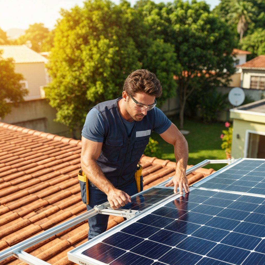 Técnico Heliossol instalando painel solar